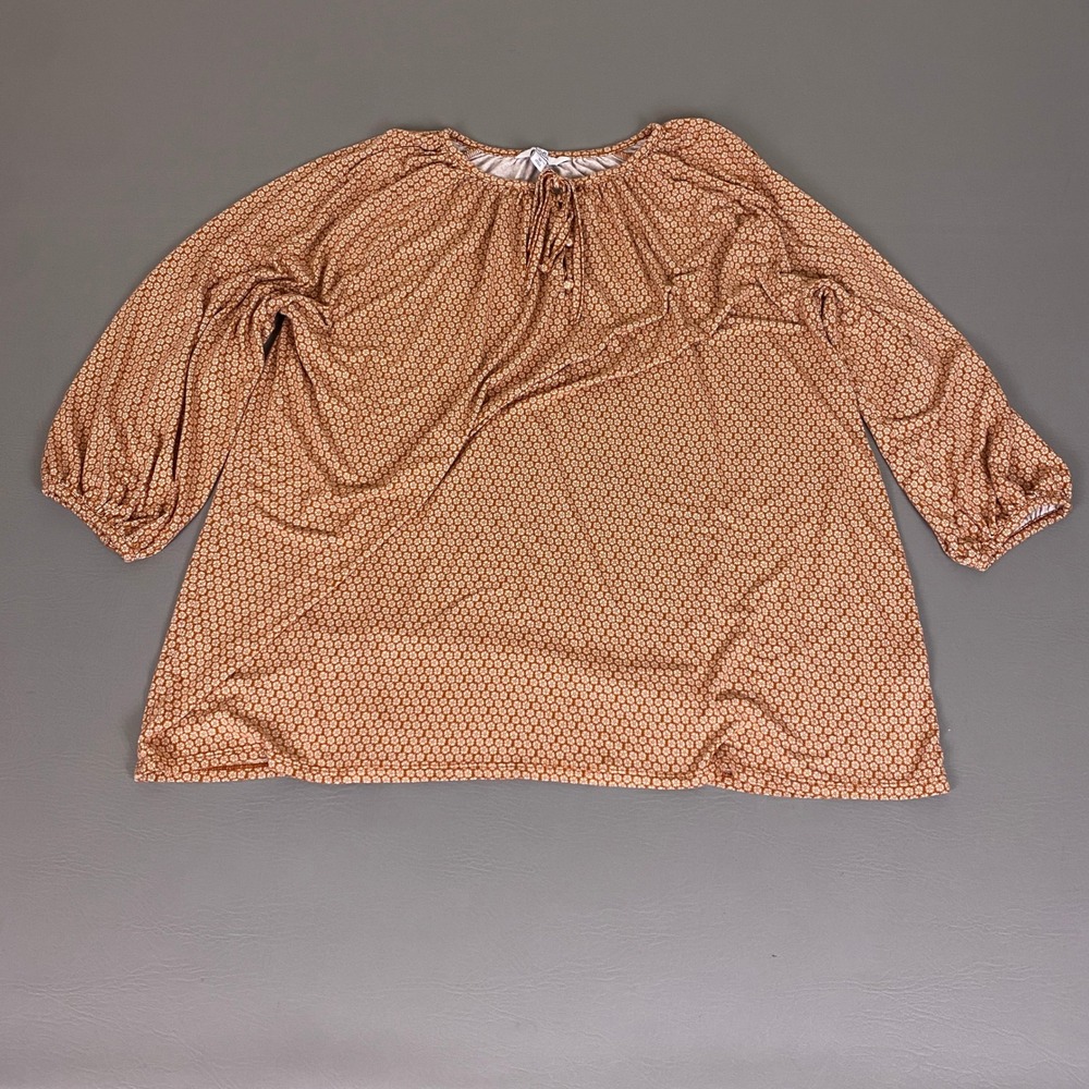 Croft & Barrow Top Blouse Womens Plus 1X Rust Floral Tie Neck 3/4 Sleeve Peasant